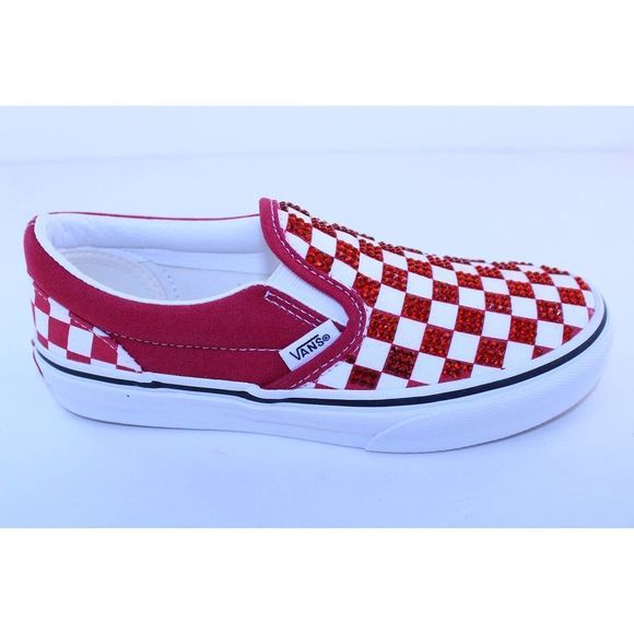 Vans Checkerboard Classic Slip-On Red White Crystal Sneakers Girls Size 2 M NEW - Picture 3 of 12